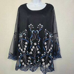 Alfani Black Embroidered Sheer Tunic Top 2X
